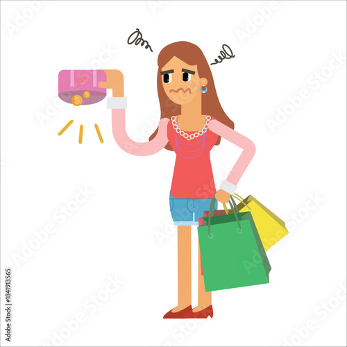 Woman looking at an empty wallet with a moth flying out. Concept of having no money