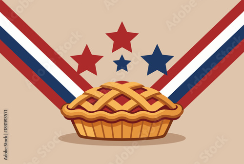 A cartoon illustration of a classic American apple pie with a lattice crust, surrounded by patriotic red, white, and blue stripes and stars.