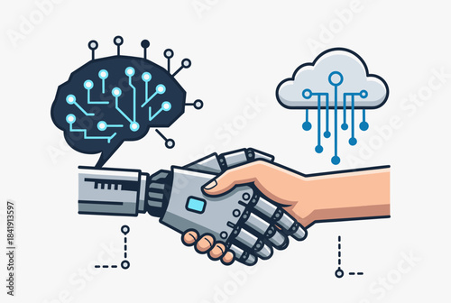 A human hand and a robot hand shaking, symbolizing collaboration between artificial intelligence, cloud computing, and human interaction.