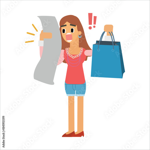 Shocked shopper looking at a long expensive receipt. Concept of high prices or inflation