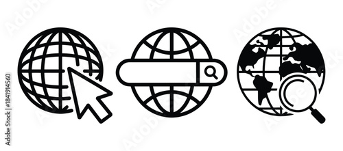 Globe icon with computer cursor, Globe icon with magnifying glass, Globe icon with a search bar overlay, globes internet browsing, Vector illustration