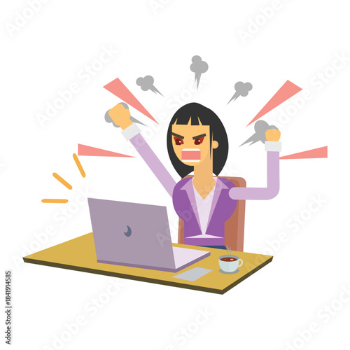 Furious businesswoman with steam coming out of ears at office desk, stress and anger concept