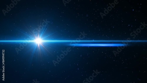 A cosmic scene featuring a bright star emitting light rays and a blue horizontal streak across a dark blue background speckled with tiny, glittering stars