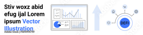 Analytical dashboard with charts, graphs, and growth arrow beside decentralized finance components. Ideal for fintech, analytics, blockchain, cryptocurrency, investment, data strategy simple landing