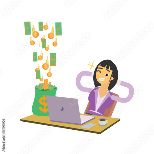 Businesswoman sitting at a desk dreaming of wealth with money bags and coins falling