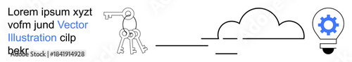 Data protection, cloud computing, innovation, cybersecurity tools, digital solutions, technology development. Key, cloud and lightbulb with gear. Data protection and innovation concept