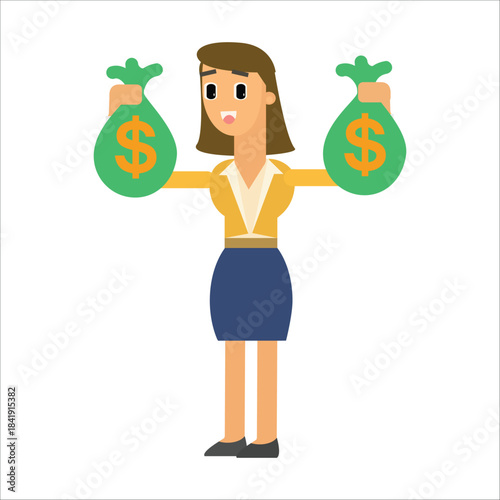 Strong businesswoman lifting two heavy bags of money, financial power concept