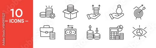 Finance management icon set. Finance management vector symbol in black filled and outlined style.