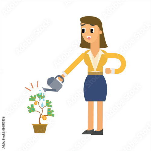 Businesswoman watering a money tree plant, investment and growth concept
