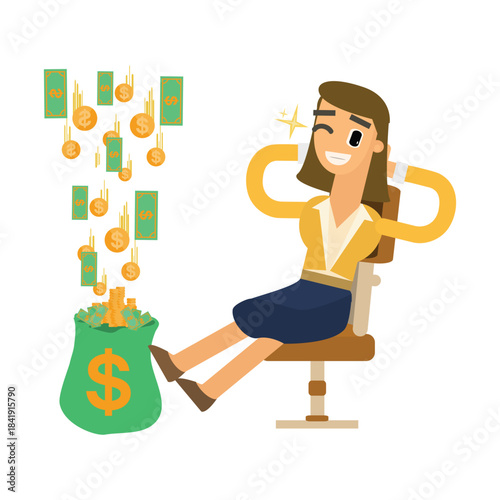 Successful businesswoman relaxing while money rains into a sack, passive income concept