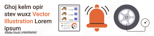 Vehicle maintenance, safety alerts, automotive care, checklist, car service, efficiency. Infographic with checklist, alert bell tire and gauge. Vehicle maintenance and safety alerts concept