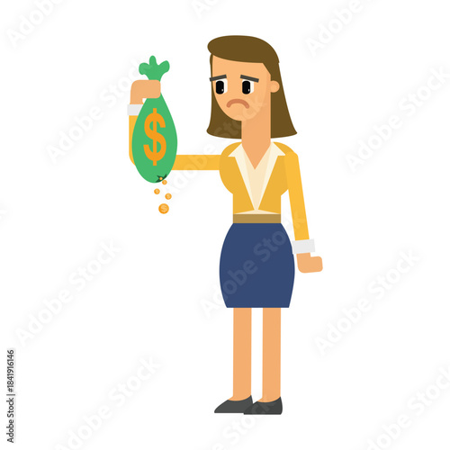 Sad businesswoman holding a leaking money bag losing coins, financial loss concept, flat vector illustration
