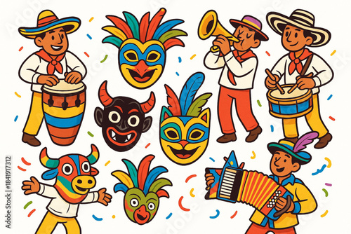 Colorful cartoon illustration of Colombian cultural celebration with musicians and festive decorations