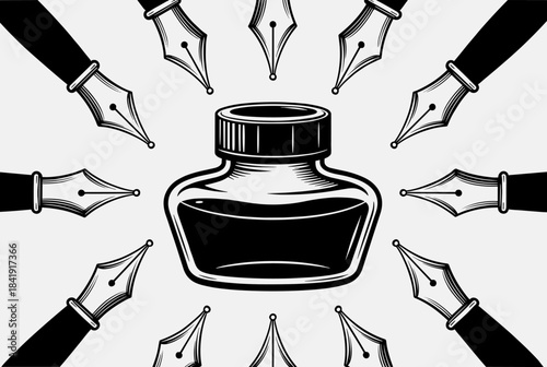 A detailed black and white illustration of a classic inkwell surrounded by numerous fountain pen nibs, symbolizing writing and creativity.