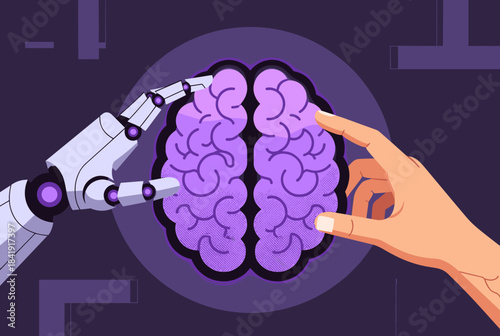 Robotic arm and human hand touching a brain illustration, symbolizing artificial intelligence and human-machine collaboration.
