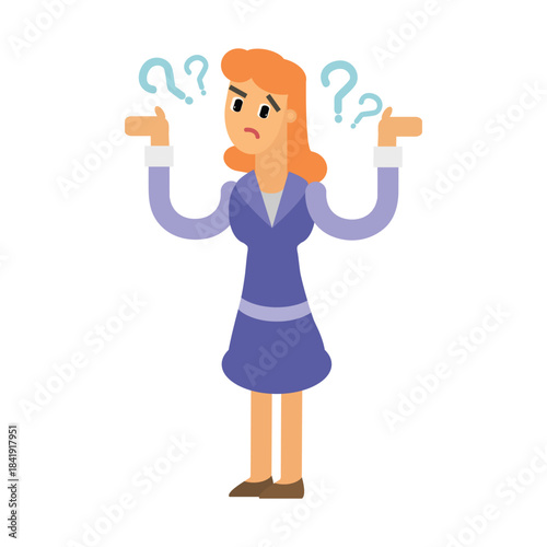 Confused businesswoman shrugging with question marks around head