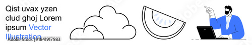 Business strategy, weather, food industry, digital work, cloud computing, remote tasks. Minimal vector elements include a cloud, watermelon slice and a businessman on a laptop. Business strategy