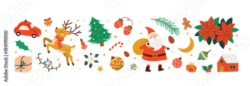 Cute Christmas scene with Santa, reindeer, car, gifts, tree, poinsettia flowers, ornaments and festive winter elements. Bright holiday illustration for seasonal designs.