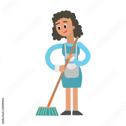 Cleaning lady leaning on a broom handle, taking a break or thinking