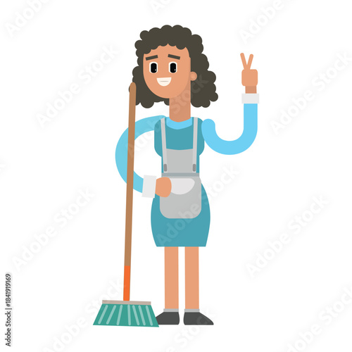 Happy cleaning lady holding a mop and showing victory peace sign
