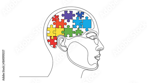 Abstract One Line Art Human Head with Colorful Puzzle Brain for Mental Health Blogs, Autism Awareness Campaigns, Neurodiversity Education, and Cognitive Difference Websites
