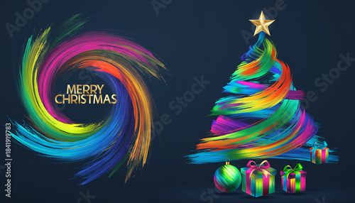 Choinka na Boże Narodzenie z bombkami i gwiazdą betlejemską na czubku. Żywe kolory ilustracji prezentującej kształt choinki bożonarodzeniowej.