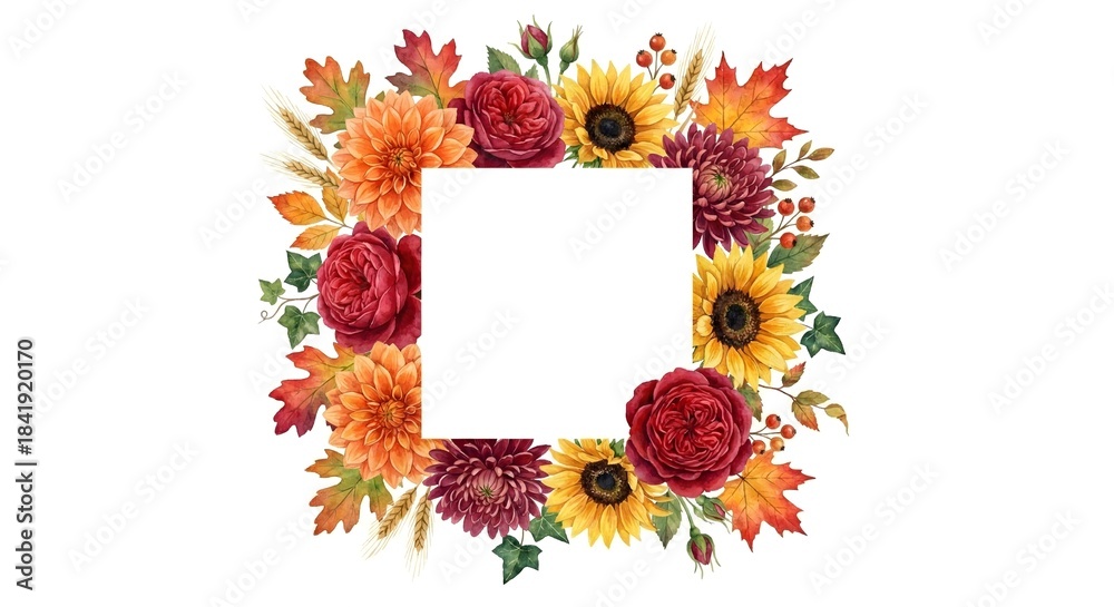 Obraz premium Vibrant autumn watercolor frame featuring sunflowers, dahlias, ranunculus, maple leaves, berries, and warm foliage arranged in a square border, perfect for fall invitations and seasonal designs.