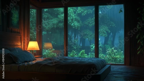 Serene Bedroom Ambiance: A Cozy Space with a Forest View During a Rainy Day