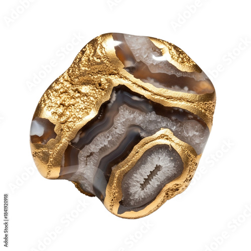 Striking Golden Geode Crystal with Natural Banded Agate Formation and Sparkling White Center
