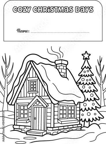 Vector illustration of a vintage black sketch of a house and building on a street in a snowy village, suitable for Christmas design