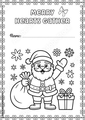 Cartoon vector illustration of a merry Christmas card design featuring Santa Claus, a snowman, and children with a gift box for a fun winter holiday drawing