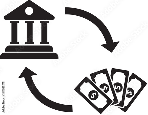 Financial Flow: A stylized depiction of a financial transaction, featuring a bank and circulating currency, illustrates the cycle of money in the economy. 