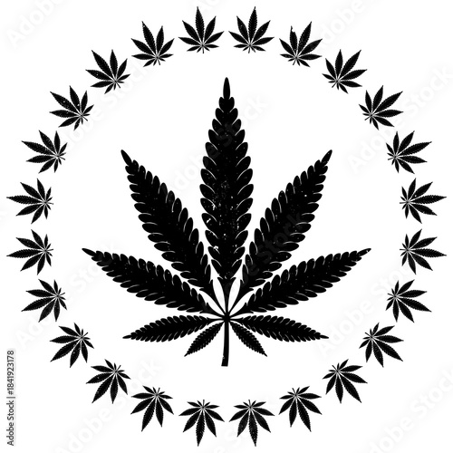 Black cannabis leaf ring design - This graphic is infused with a vintage charm, featuring a distressed grunge effect that breathes a hint of nostalgia into its modern form. 
