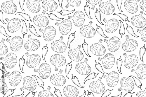 Monochrome Garlic Chili Outline Pattern for Spicy Kitchen Decor
