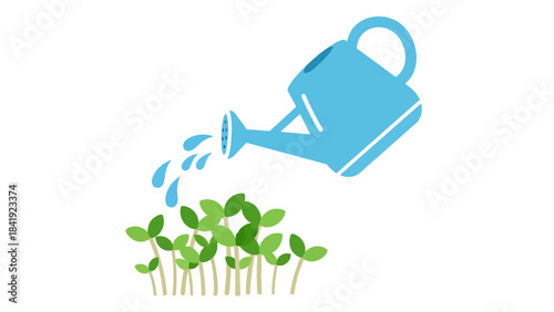 Illustration of a watering can pouring water on green sprouts against a white background