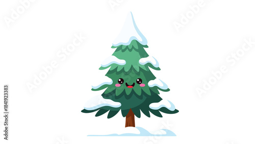 A cartoon evergreen tree with a smiling face and snow. Brown trunk and white snowy top and layers