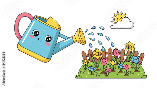 A cartoon image of a watering can pouring water on a flower bed with a smiling sun above