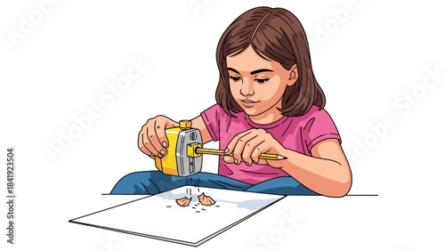 Illustration of a young girl with brown hair sharpening a pencil, with shavings and paper present