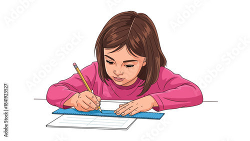 A young girl, writing on paper with a pencil and ruler, rests on a table, focused