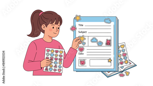 A girl decorates schoolwork with stickers. Paperwork is prepped for a study session