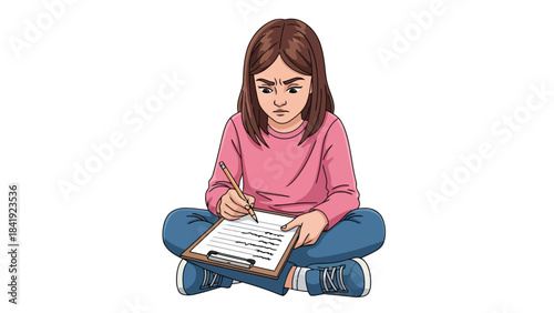 A cartoon image depicting a young person sitting on the ground, writing on paper with a pencil