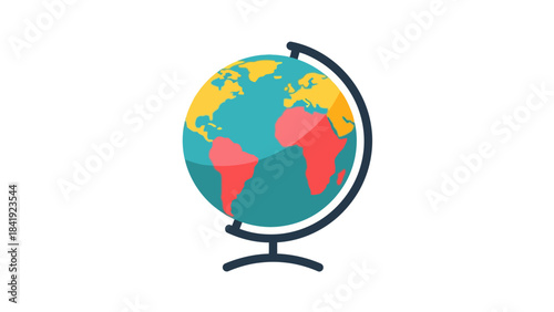 A stylized illustration of a globe showcasing continents in varied colors. The globe is on a stand