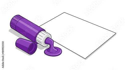 Isometric illustration of a purple paint tube with paint spilling onto a surface, alongside a blank paper