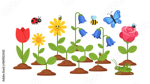 A whimsical illustration of colorful flowers, insects and a butterfly, with smiling and smiling bees