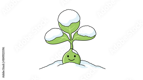A cartoon seedling with a smiling face is covered in snow, showing resilience against winter