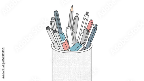A pencil and a variety of pens with erasers in a patterned cylindrical container against a white background