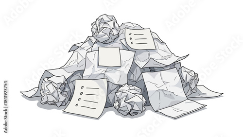 Illustration of a pile of crumpled paper and some sheets with lists, on a white background
