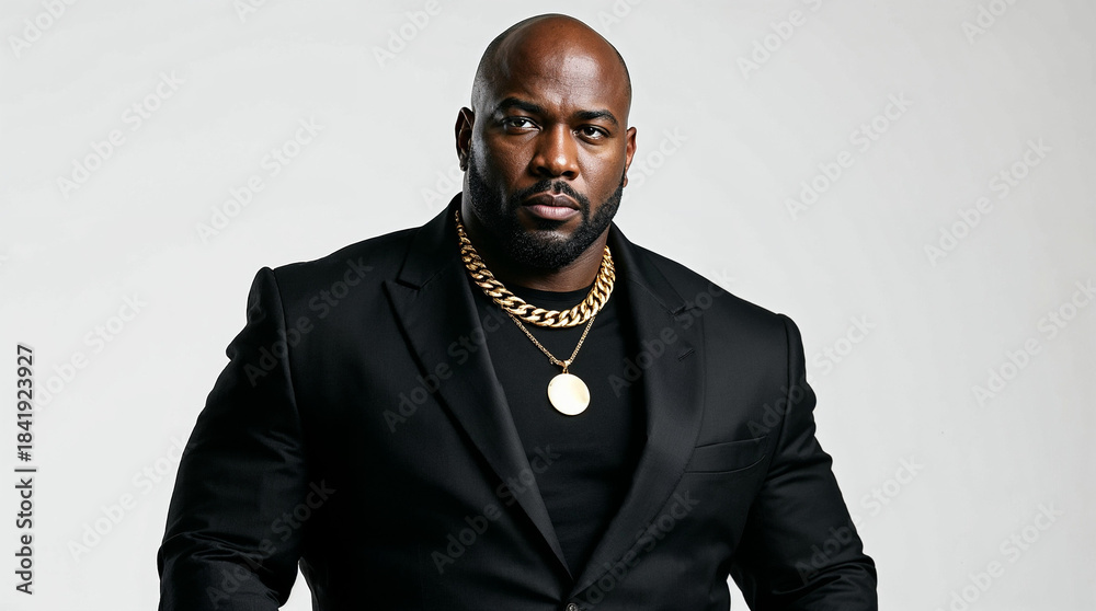 Fototapeta premium Commanding high-end portrait of a powerful bodyguard in pure white studio.