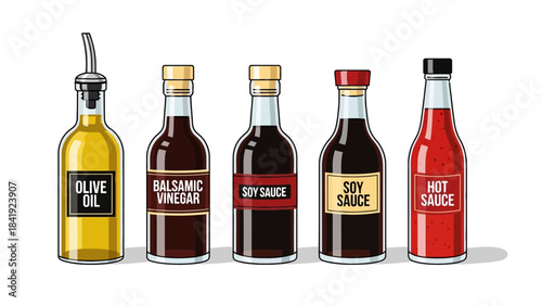 Pixelated illustration of five condiment bottles, each with a different sauce, isolated on white