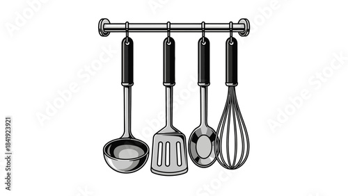 Black and white illustration of four kitchen utensils hanging on a metal rod against a white backdrop